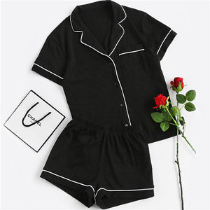 SHEIN Contrast Piping Pocket Front Pajama Set Black Short Sleeve Lapel Top With Elastic Waist Shorts Womens Two Piece Sets