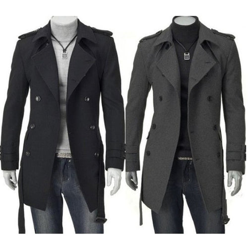 Fashion Winter Men Jackets Black Grey Faux Wool Trench Men Cardigan Business Clothes Slim Fit Belted Long Coat Outwear Hombre