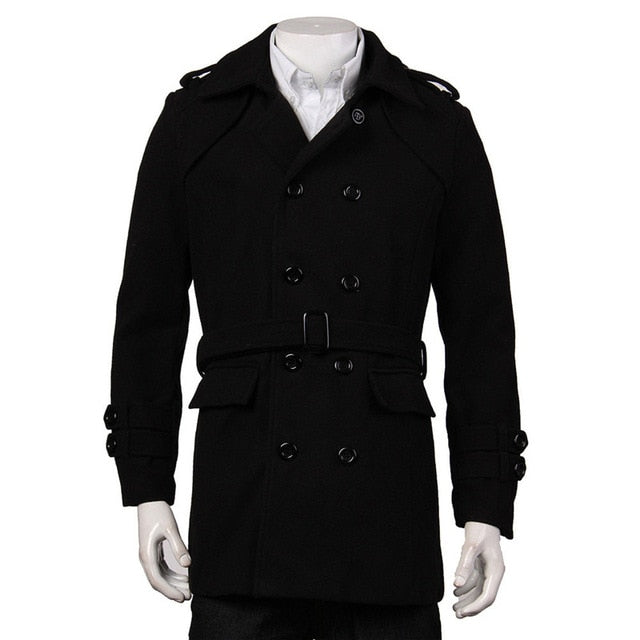Fashion Winter Men Jackets Black Grey Faux Wool Trench Men Cardigan Business Clothes Slim Fit Belted Long Coat Outwear Hombre