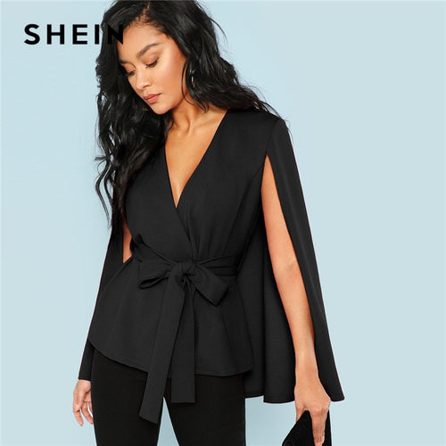 SHEIN Workwear Black Deep V Neck Surplice Neck Tie Waist Cloak Sleeve Cape Coat 2018 Streetwear Modern Lady Outerwear Coat New
