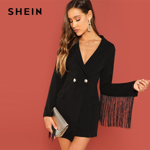 SHEIN Black Office Lady Tassel Solid Single Button Trim Notched Blazer 2018 Autumn Modern Lady Workwear Women Coat Outerwear