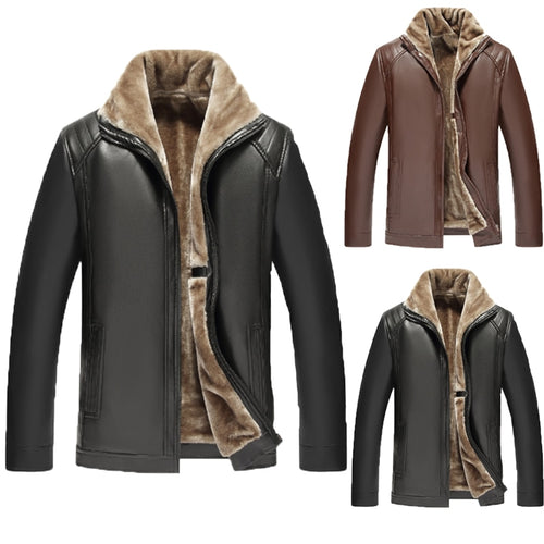 Mens Coats PU Leather Jackets Fleece Thick Zipper Slim Fit Outwear Male Coats Fashion Warm Winter Mens Outfit Jaqueta Masculina