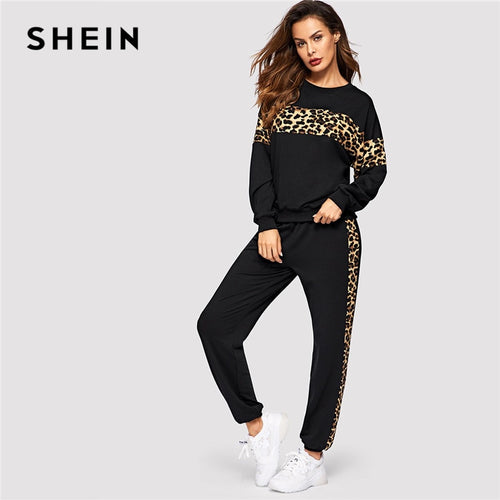 SHEIN Black Leopard Panel Pullover Women O-neck Athleisure Sweatshirt and Sweatpants Set Autumn Women Casual Two Piece Sets