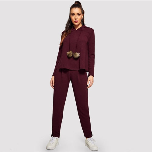 SHEIN Burgundy Solid Hoodie and Drawstring Pom Pom Waist Pants Plain Set Women Two Pieces Sets 2019 Autumn Plain Twopiece