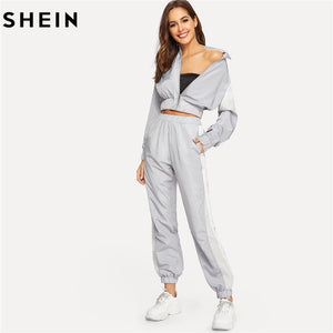 SHEIN Grey Color Block Windbreaker Jacket Pants Set Women Sporting Two Piece Set Top and Pants Short Top 2Piece Set Women