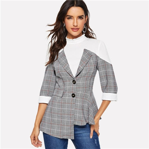 SHEIN Grey Asymmetrical Hem Button Plaid Frill Neck Blazer Women Spring Office Lady Long Sleeve Single Breasted Casual Outer