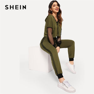 SHEIN Athleisure Green Fishnet Sleeve Lace up Hoodie Crop Top and Sweatpants Set Women Spring Sporting Workout Two Piece Sets