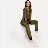SHEIN Athleisure Green Fishnet Sleeve Lace up Hoodie Crop Top and Sweatpants Set Women Spring Sporting Workout Two Piece Sets
