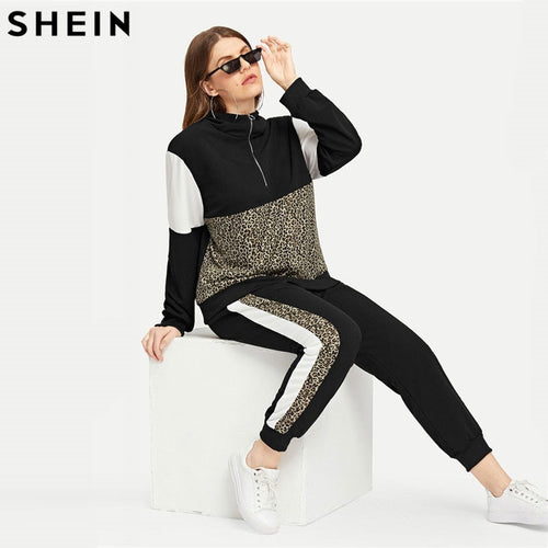 SHEIN Plus Size Athleisure Leopard Print TeeAndPants Set  Women Half Placket Spring Sporting Casual Two Piece Sets  Matching Set