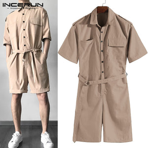 Brand Overalls One Piece Jumpsuit Cowboy Men Rompers Half Sleeve Casual Solid Belt Waist Men Cargo Set Shorts Coverall Playsuit