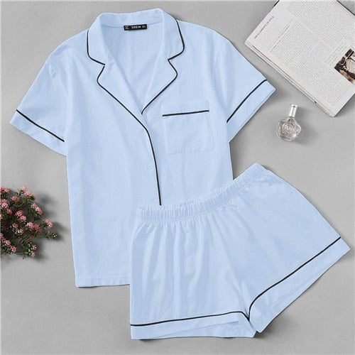 SHEIN Contrast Piping Pocket Front Pajama Set Black Short Sleeve Lapel Top With Elastic Waist Shorts Womens Two Piece Sets