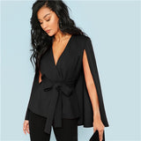 SHEIN Workwear Black Deep V Neck Surplice Neck Tie Waist Cloak Sleeve Cape Coat 2018 Streetwear Modern Lady Outerwear Coat New