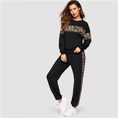 SHEIN Black Leopard Panel Pullover Women O-neck Athleisure Sweatshirt and Sweatpants Set Autumn Women Casual Two Piece Sets