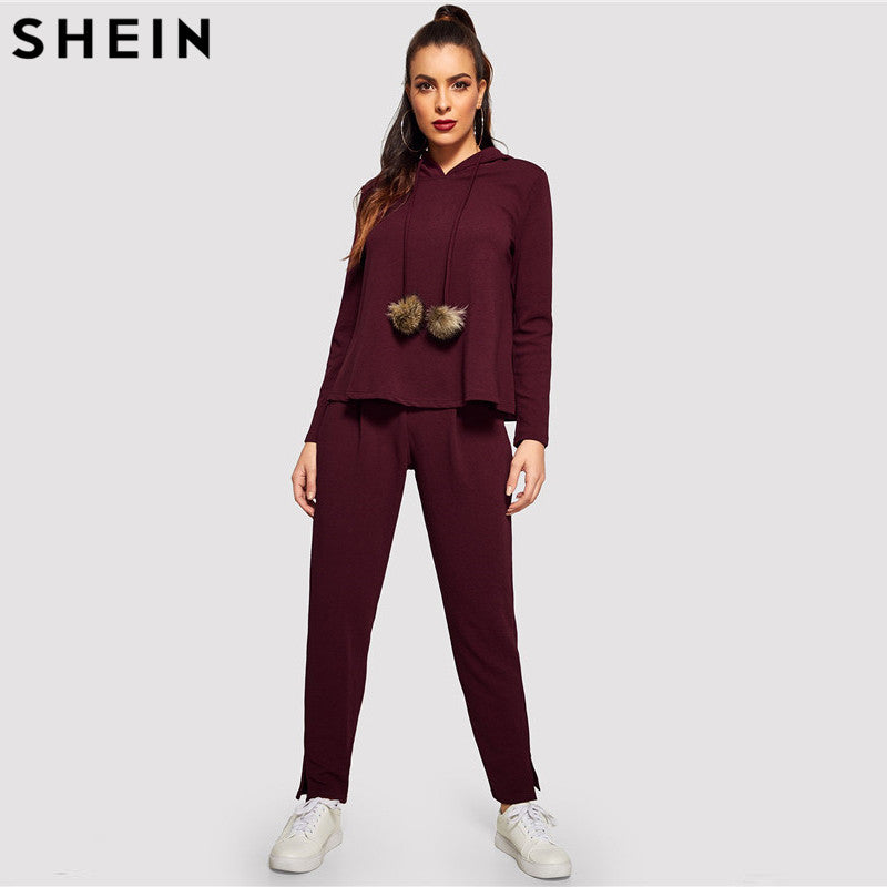 SHEIN Burgundy Solid Hoodie and Drawstring Pom Pom Waist Pants Plain Set Women Two Pieces Sets 2019 Autumn Plain Twopiece