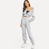 SHEIN Grey Color Block Windbreaker Jacket Pants Set Women Sporting Two Piece Set Top and Pants Short Top 2Piece Set Women