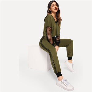 SHEIN Athleisure Green Fishnet Sleeve Lace up Hoodie Crop Top and Sweatpants Set Women Spring Sporting Workout Two Piece Sets